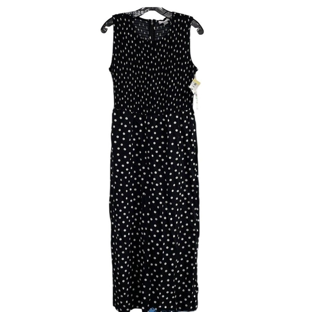 Calvin Klein Black White Polka Dot Smocked Jumpsuit Wide Leg Size 8 New